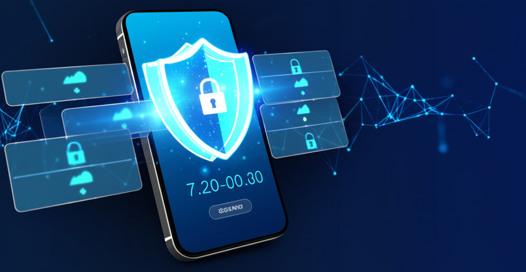 Two-factor authentication concept showing a smartphone with authentication app and security shield