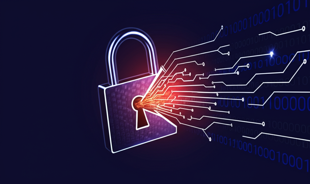 Data breach concept with digital lock and security warning