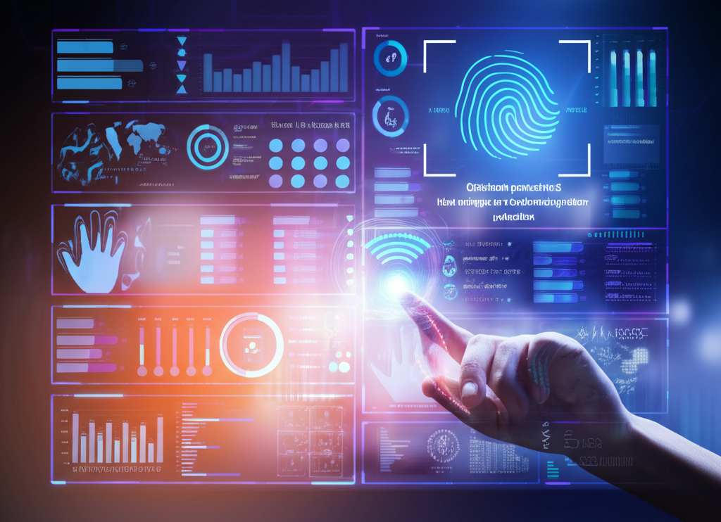 Futuristic authentication methods showing biometric scanning and passwordless login